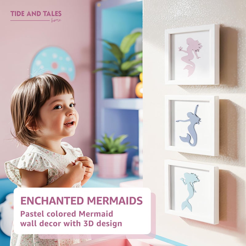 Tide and Tales Elegant 3D Mermaid Wall Decor, Framed Wooden Set of 3 Silhouettes in Pastel Colors, Mermaid Bathroom Decor, Ocean Room Decorations for Girls Bedroom, Ocean Wall Art - Image 2